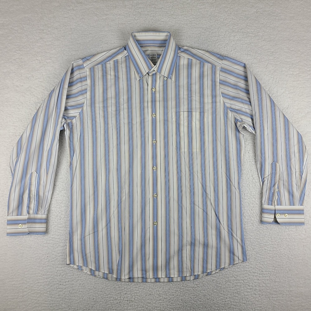 Forsyth Of‎ Canada Sero Shirt L Blue Striped No Iron Tailored Dress Button Down